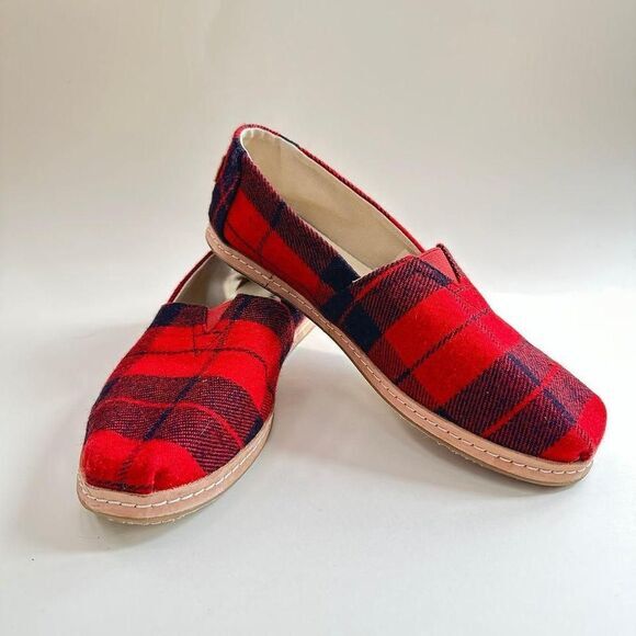 TOMS Red Plaid Felt on Leather‎ Alpargata Shoes Slip Ons Flats Womens Size 8.5 - Picture 1 of 7